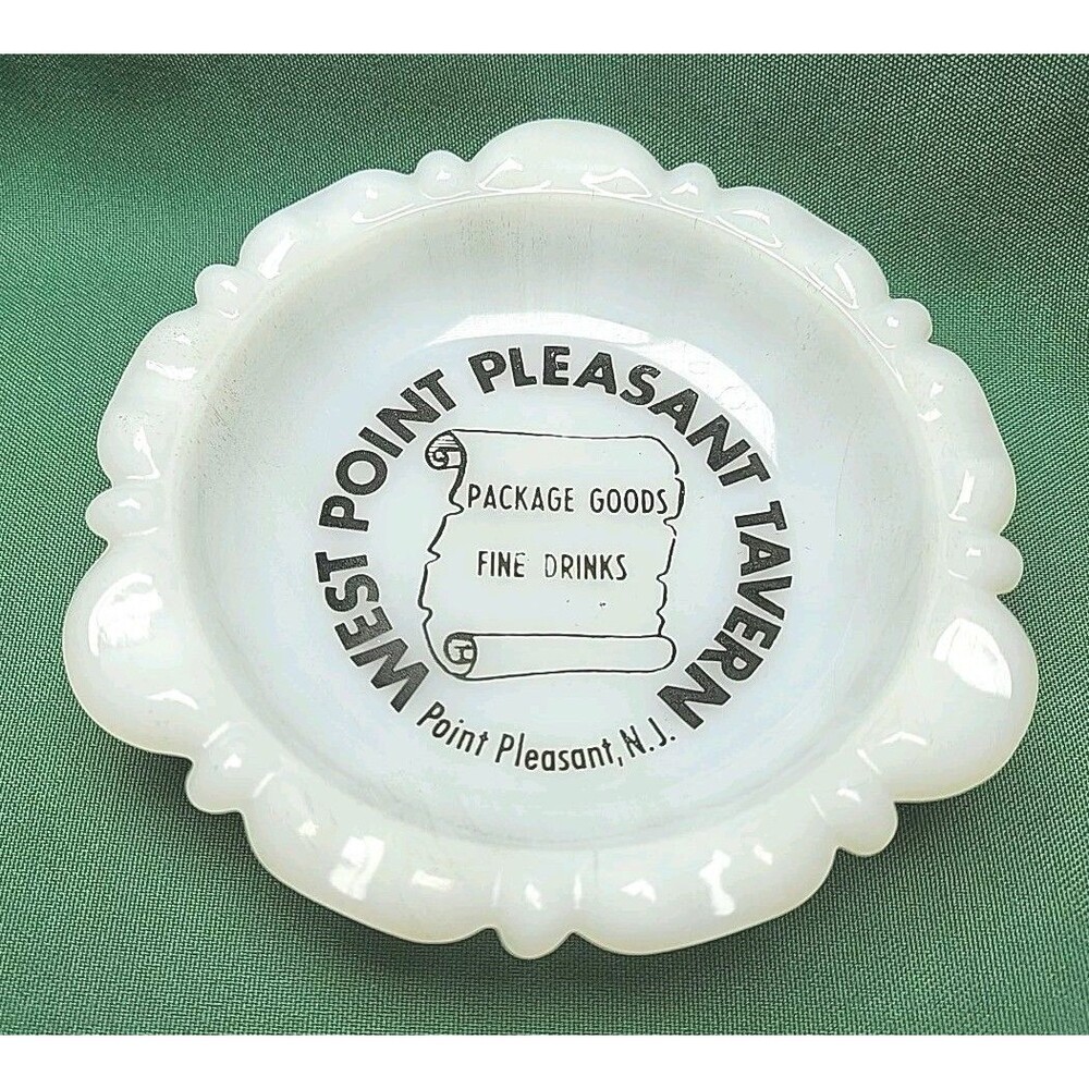 Vintage West Point Pleasant Tavern Advertising Milk Glass Ashtray USA MCM